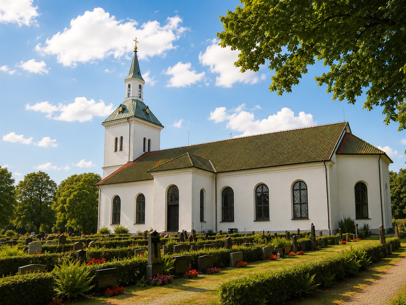 Västra Torsås kyrka — vit kyrka med spetsigt torn omgiven av kyrkogård en sommardag.